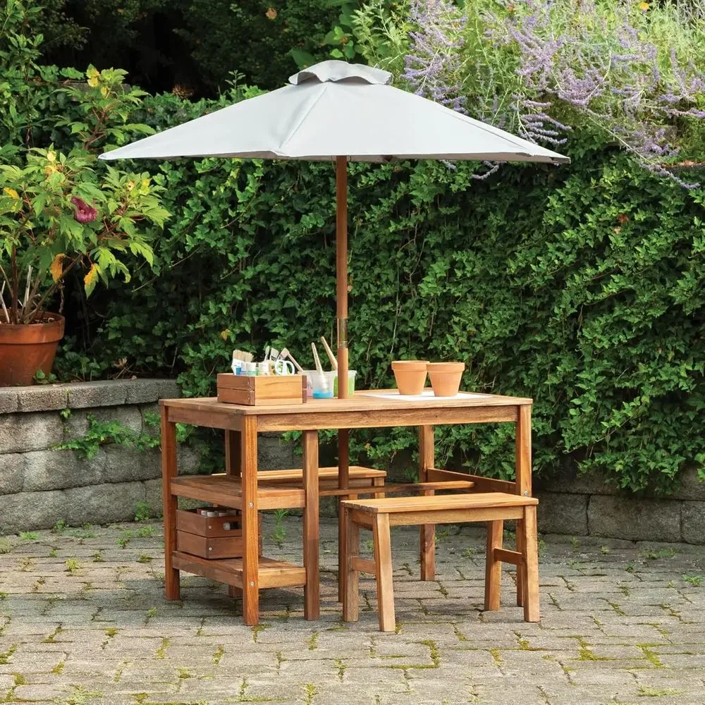Kids Outdoor Bench Table - Conjunto de Mesa, Bancos e Guarda-Sol